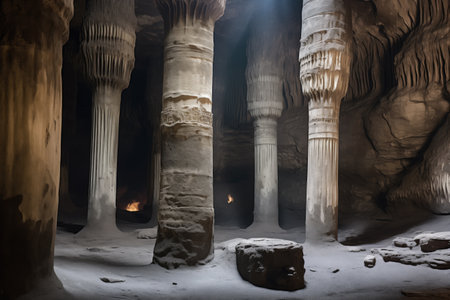 stone pillars inside a cavernous, multi-chambered cave, created with generative aiの素材