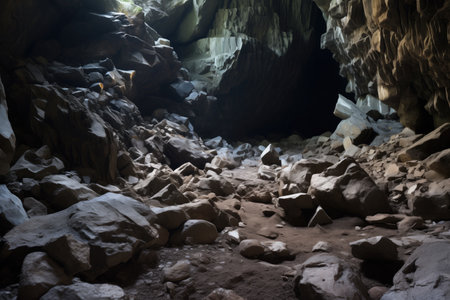 a boulder-strewn floor in a giant mountain cave, created with generative aiの素材