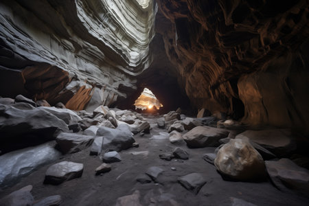 a boulder-strewn floor in a giant mountain cave, created with generative aiの素材