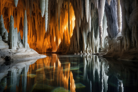 a crystal-clear underground lake reflecting stalagmites, created with generative aiの素材
