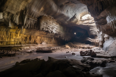 a panoramic view of a large cavernous underground cave, created with generative aiの素材