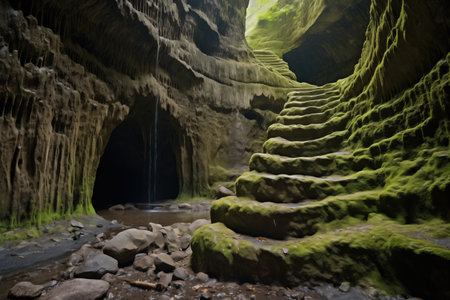 rough stone steps winding down into a crater-like cave, created with generative aiの素材