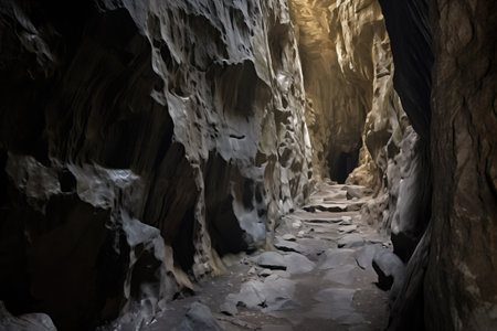 a narrow, winding passage inside an ancient cave, created with generative aiの素材