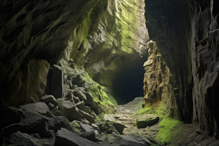 a narrow, winding passage inside an ancient cave, created with generative aiの素材