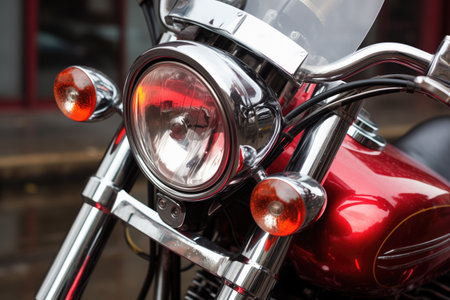 close-up of the headlight of a classic red motorcycle, created with generative aiの素材