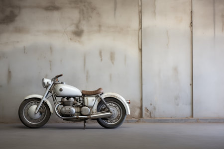 weathered white vintage motorcycle against a concrete wall, created with generative aiの素材