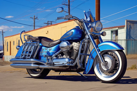 vintage blue motorcycle with chrome accents on a sunny day, created with generative aiの素材