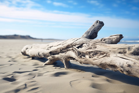 close up of weathered driftwood resting on a sandy beach, created with generative aiの素材