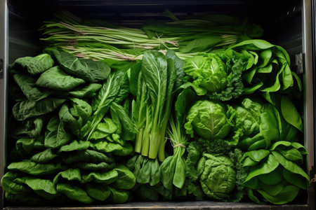 green leafy vegetables packed in a refrigerated truck, created with generative aiの素材