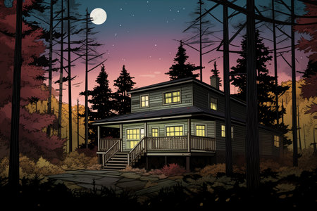wide-angle shot of house behind tall trees, magazine style illustration, created with generative aiの素材