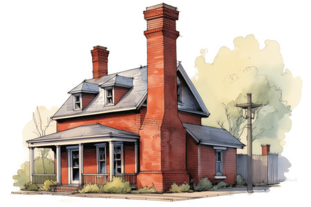 full view of red-brick chimney visible on side, magazine style illustration, created with generative aiの素材