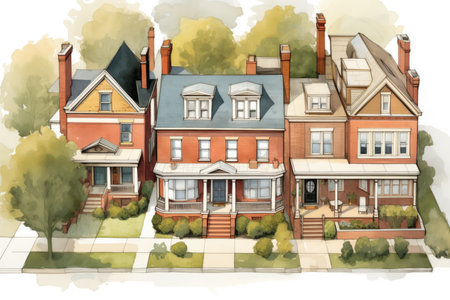 overhead view of red brick colonial revival architecture, magazine style illustration, created with generative aiの素材