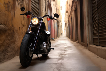 black cruiser bike centered in a narrow alley, created with generative aiの素材