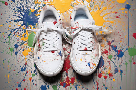 splashes of paint on a plain white pair of sneakers, created with generative aiの素材
