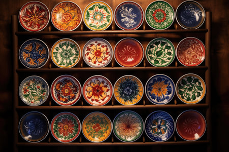 hand-painted ceramic plates on a wooden rack, created with generative aiの素材
