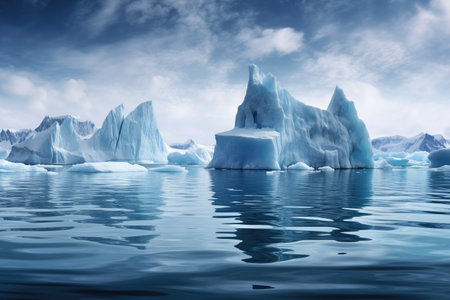 icebergs with water flowing from melting point, created with generative aiの素材
