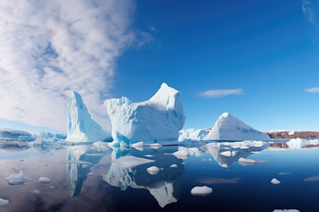 wide shot of floating icebergs under blue sky, created with generative aiの素材