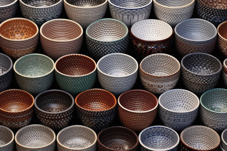 ceramic bowls with different patterns stacked together, created with generative aiの素材