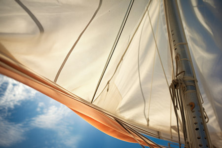 small sailboat detail focused on sailcloth and rigging, created with generative aiの素材