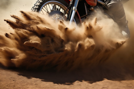 close-up of dirt bike tire creating dust cloud, created with generative aiの素材
