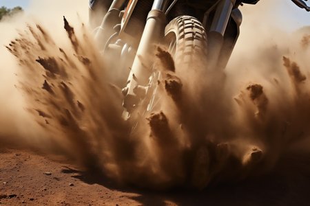close-up of dirt bike tire creating dust cloud, created with generative aiの素材