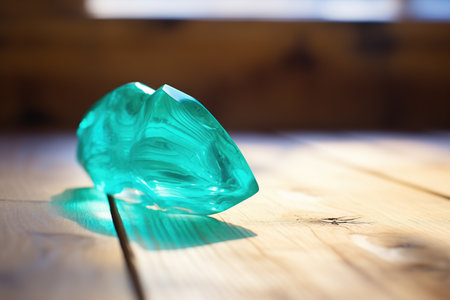 close up of a piece of turquoise on a light wood table, created with generative aiの素材