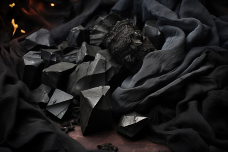 a collection of coal pieces on a rough fabric, created with generative aiの素材