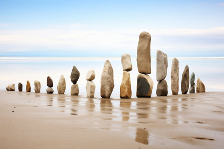 an assortment of stones lined up on a sandy beach, created with generative aiの素材