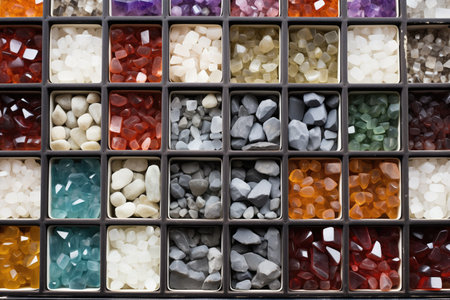 small gemstones sorted in white labeling trays, created with generative aiの素材