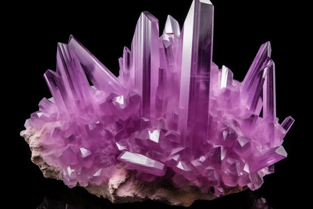 close up of a large amethyst crystal cluster on black background, created with generative aiの素材