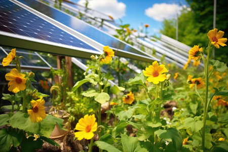 solar panels nested among flourishing flowers, created with generative aiの素材