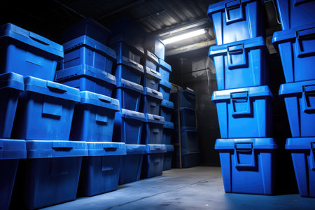 blue storage boxes stacked in a warehouse, created with generative aiの素材