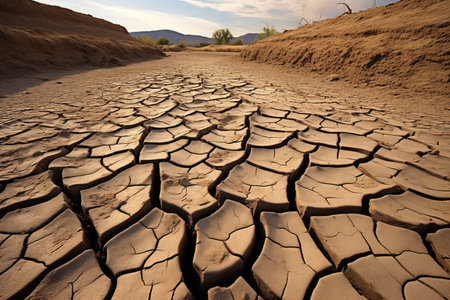a parched, cracked clay river bed, created with generative aiの素材