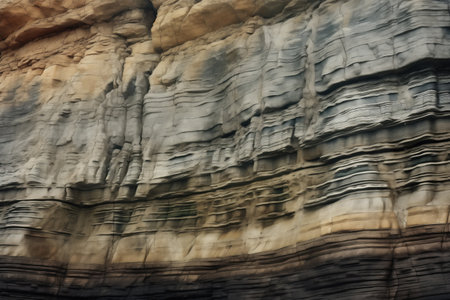 exposed layers of sedimentary rock in a cliff face, created with generative aiの素材