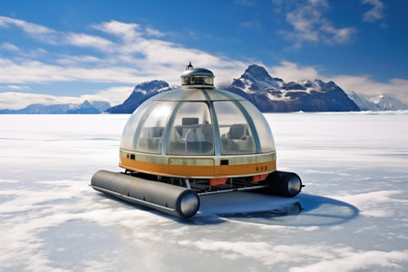 eco-friendly hovercraft on the ice surveying glaciers, created with generative aiの素材