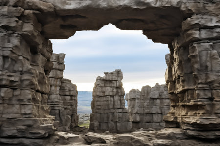 natural stone window formation viewed from a distance, created with generative aiの素材