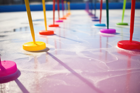 brightly colored smooth ice markers lying on ice rink, created with generative aiの素材