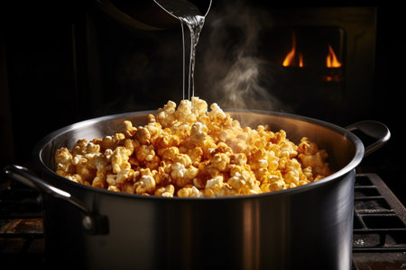 kettle corn being stirred in a large, black pot, created with generative aiの素材