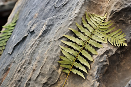 side view of fossilized fern fronds on rock surface, created with generative aiの素材