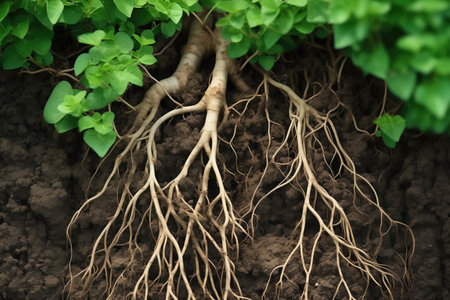 plant roots penetrating deep into soil strata, created with generative aiの素材