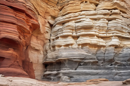 different colored layers of rock in a desert canyon, created with generative aiの素材