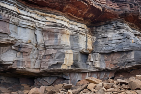 different colored layers of rock in a desert canyon, created with generative aiの素材