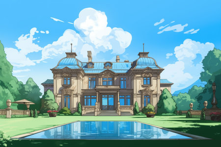 georgian mansion under a clear blue sky, magazine style illustration, created with generative aiの素材
