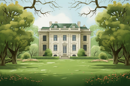 white georgian mansion with luscious green lawn, magazine style illustration, created with generative aiの素材