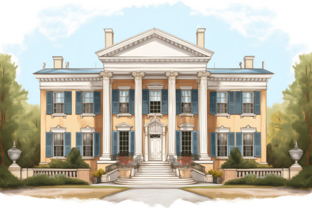majestic georgian-style mansion with tall columns, magazine style illustration, created with generative aiの素材