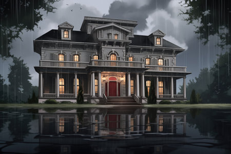 shot of a georgian mansion with dentil molding in the rain, magazine style illustration, created with generative aiの素材