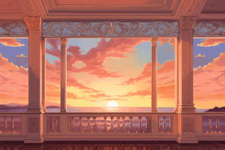 sunset reflection on georgian dentil molding, magazine style illustration, created with generative aiの素材