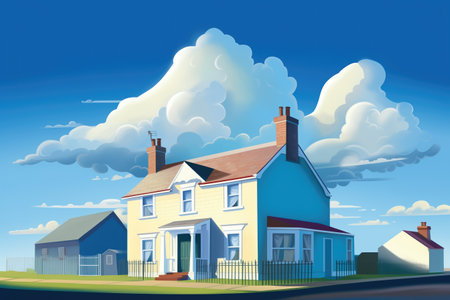 deep blue sky contrasts with a white georgian house, magazine style illustration, created with generative aiの素材