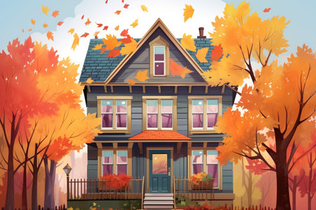 georgian hip-roofed house with colorful autumn foliage, magazine style illustration, created with generative aiの素材