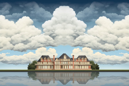 georgian five-bay frontage against a backdrop of fluffy clouds, magazine style illustration, created with generative aiの素材